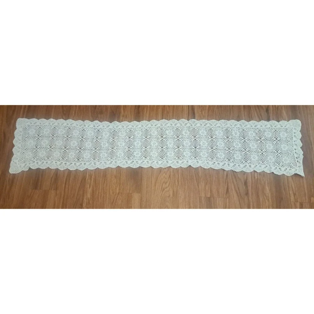 White Crochet Knit Table Runner 64x12 Floral Daisy Long Handmade Country Cottage